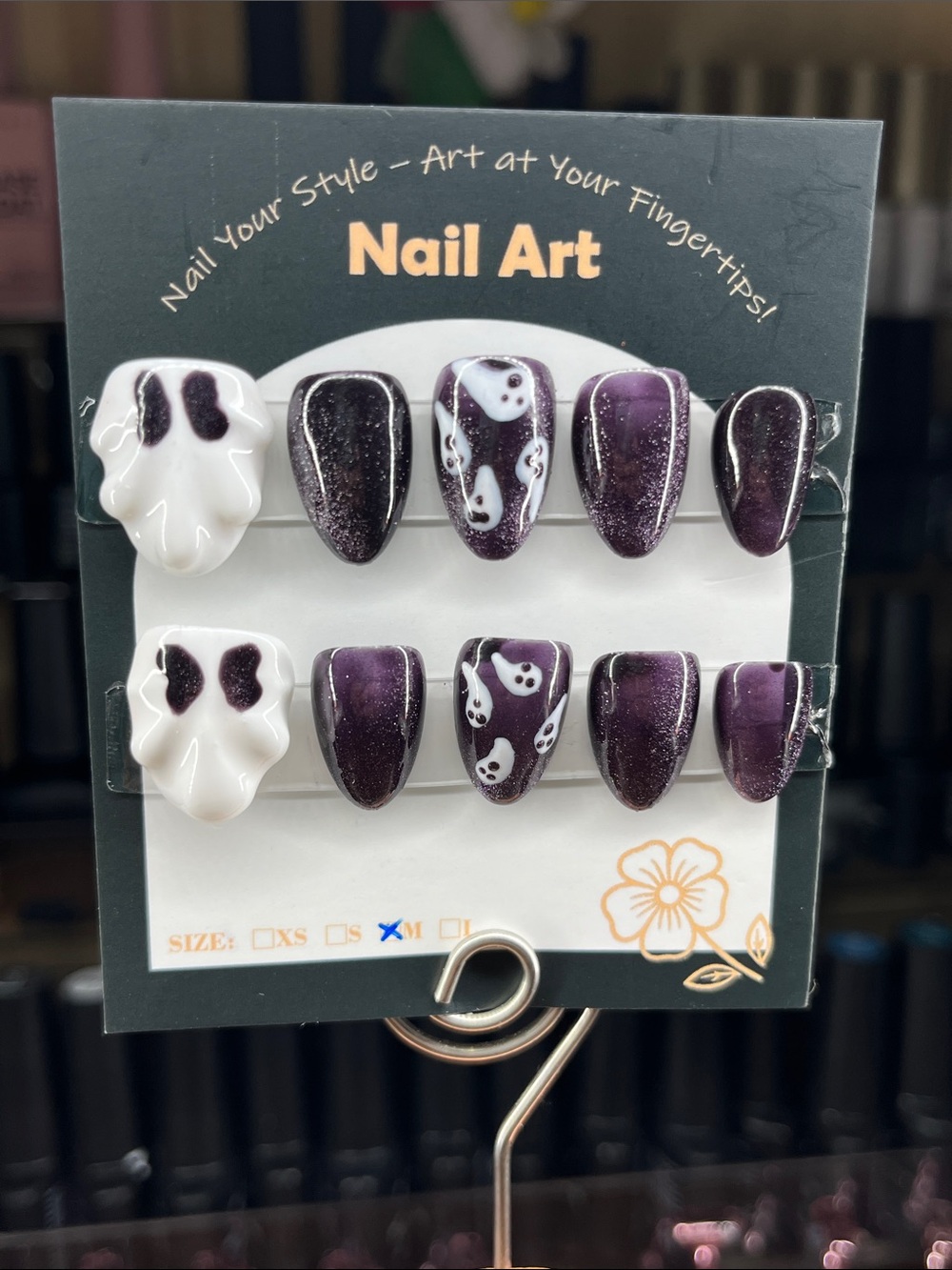 Press-On Nails Halloween Purple Ghost Design cat eye